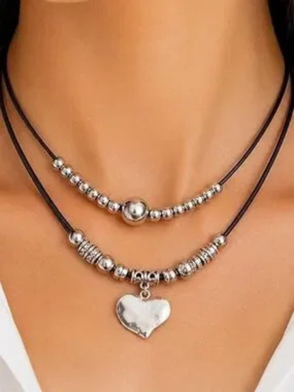 Anthropologie Silver-Tone Double Layer Heart Pendant Necklace